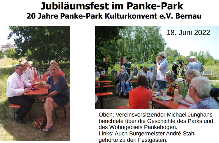 Jubil�umsfest im Panke-Park
			
20 Jahre Panke-Park Kulturkonvent e.V. Bernau

18. Juni 2022